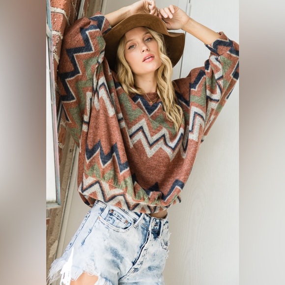 Zigzag Pattern Soft Brushed Dolman Top - Picture 2 of 8